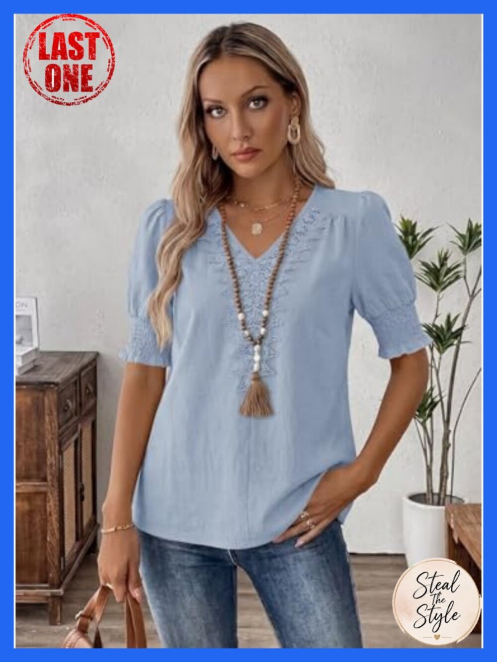 Womens Boho Peasant Blouse Crochet Lace V Neck Short Puff Sleeve Summer Top - Picture 2 of 6